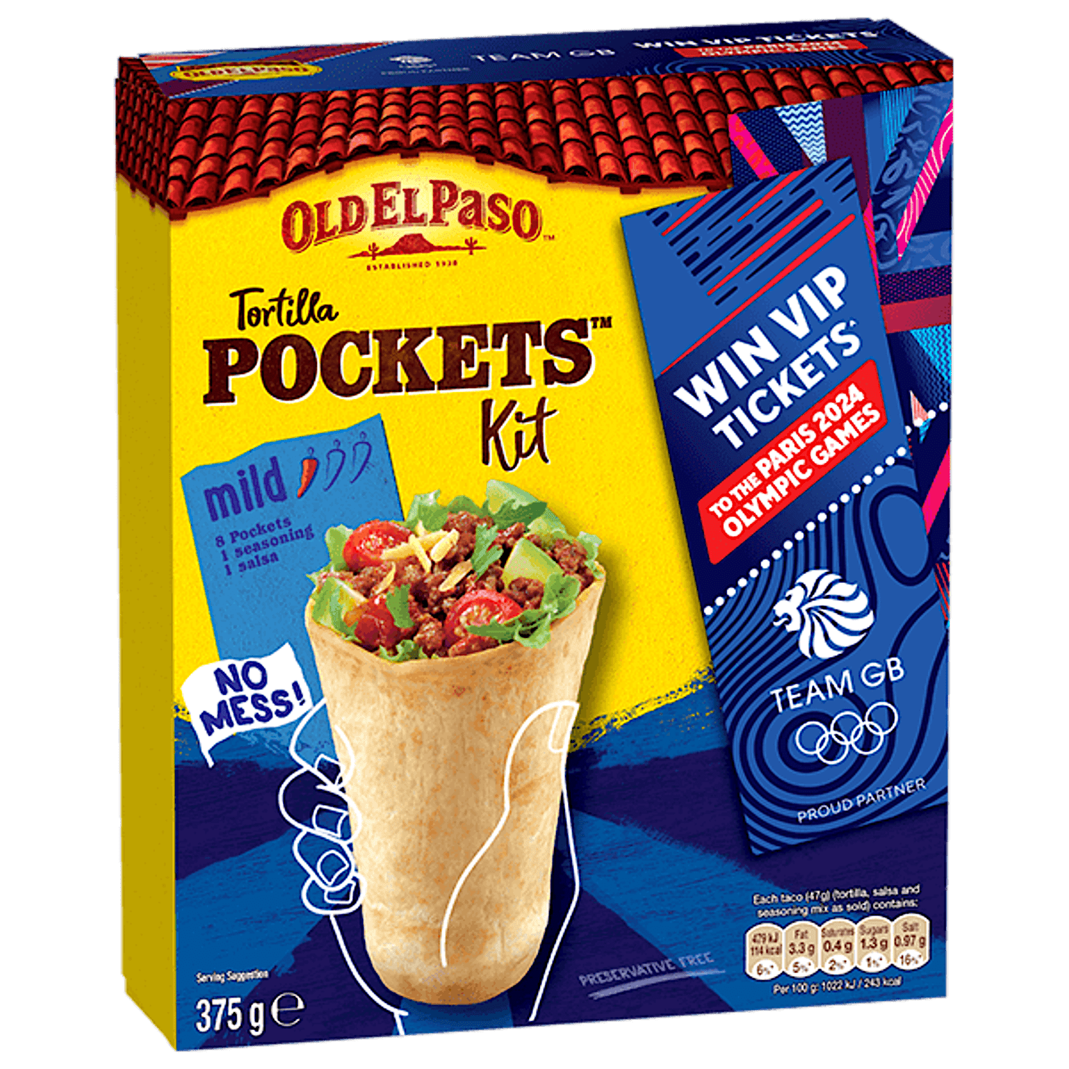 pack of Old El Paso's tortilla pockets kit promoting paris olympic competition (375g)